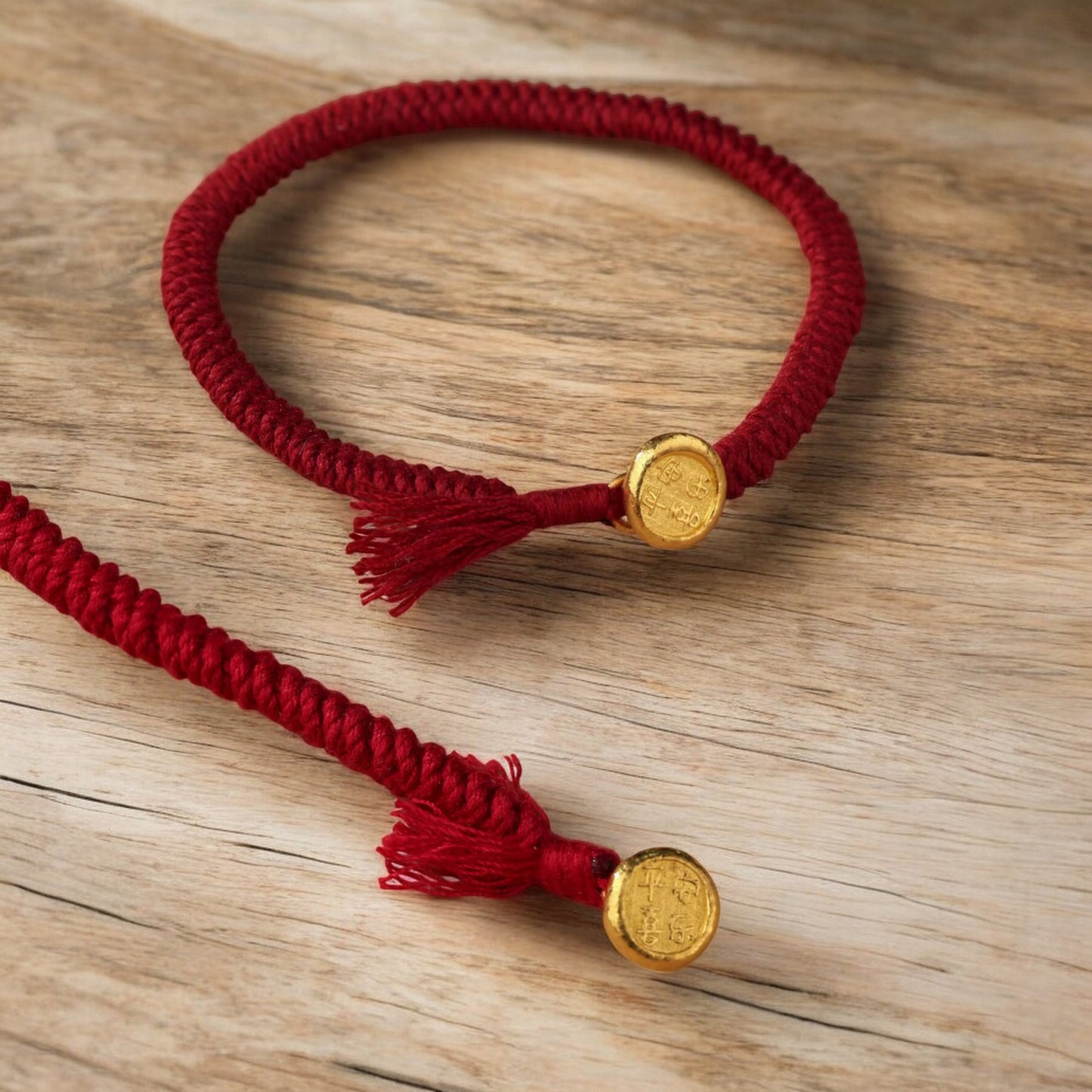 24K Pure 999 Gold Round Chinese Peace and Joy Charm with Red Rope Bracelet