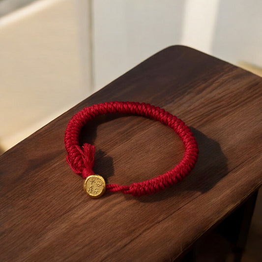 24K Pure 999 Gold Round Chinese Peace and Joy Charm with Red Rope Bracelet