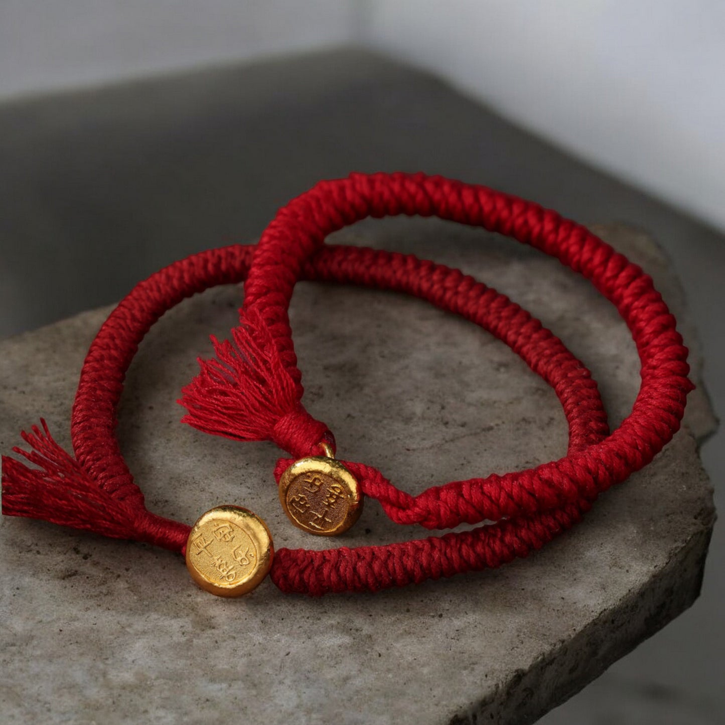 24K Pure 999 Gold Round Chinese Peace and Joy Charm with Red Rope Bracelet
