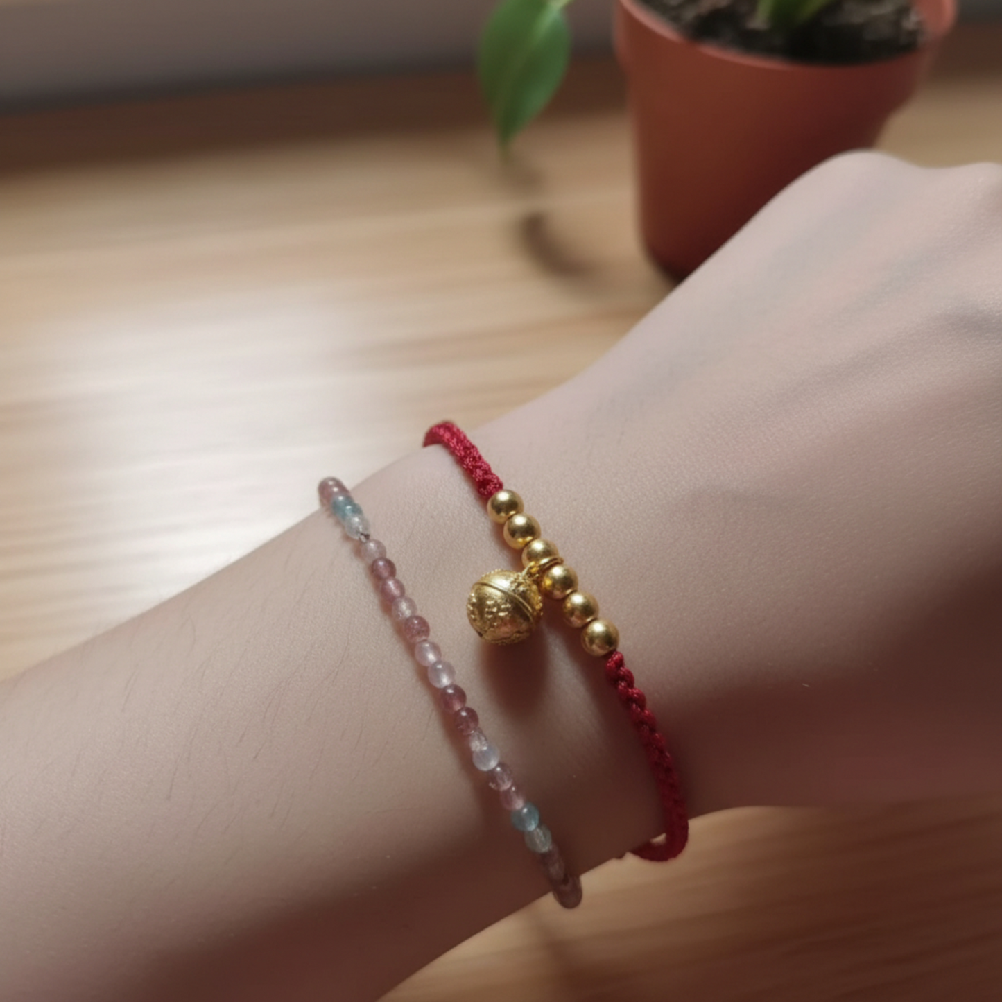 24K Pure 999 Gold Baby Beads and Bell Charm Handmade Rope Bracelet Babyshower Gift