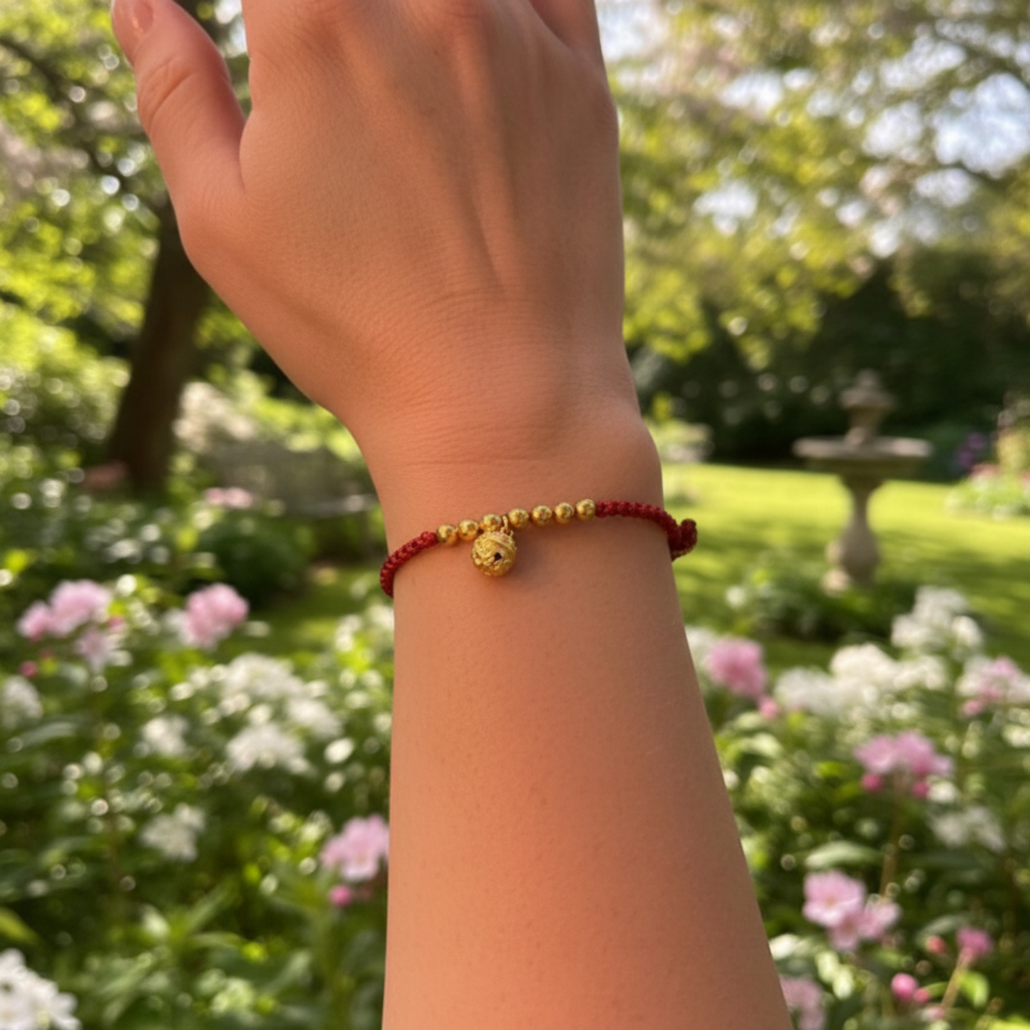 24K Pure 999 Gold Baby Beads and Bell Charm Handmade Rope Bracelet Babyshower Gift