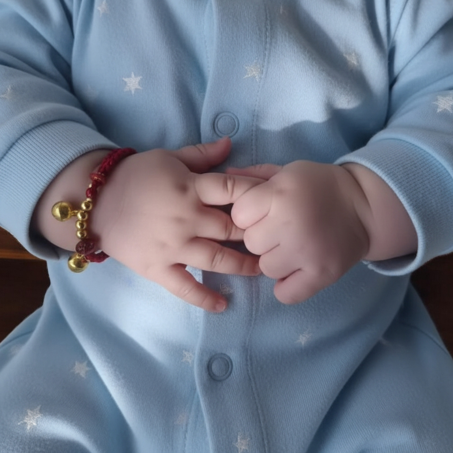 24K Pure 999 Gold Baby Beads and Bell Charm Handmade Rope Bracelet Babyshower Gift