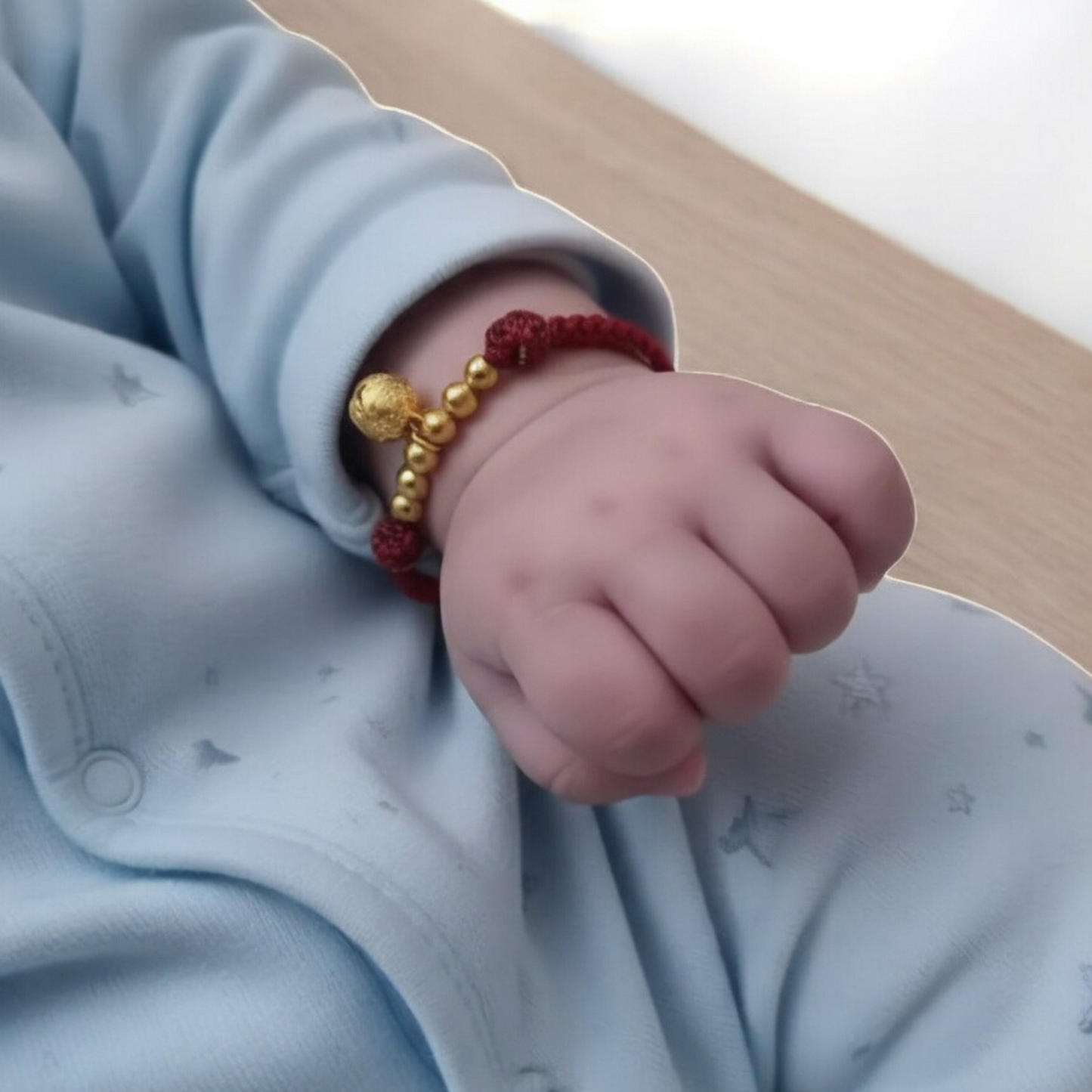 24K Pure 999 Gold Baby Beads and Bell Charm Handmade Rope Bracelet Babyshower Gift