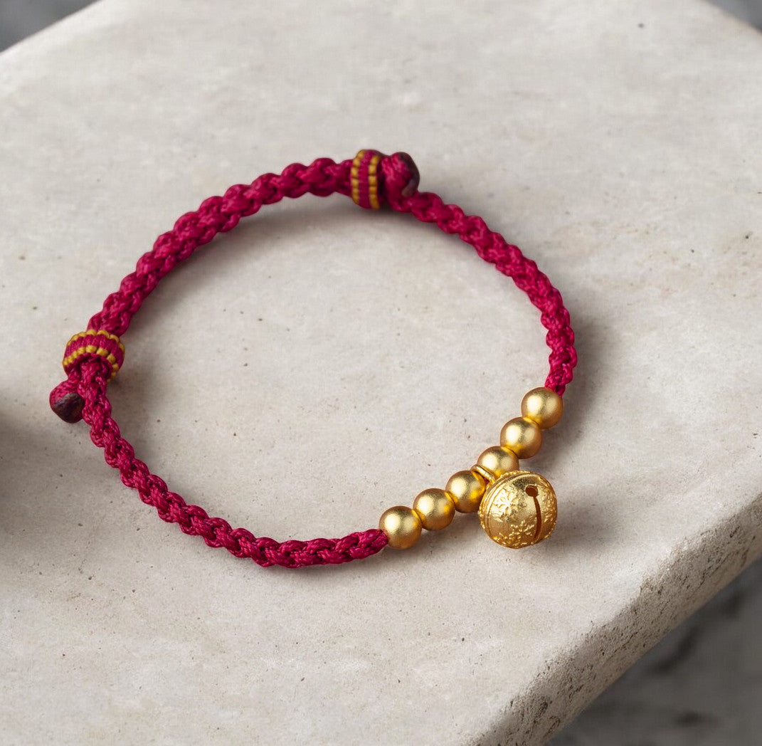 24K Pure 999 Gold Baby Beads and Bell Charm Handmade Rope Bracelet Babyshower Gift