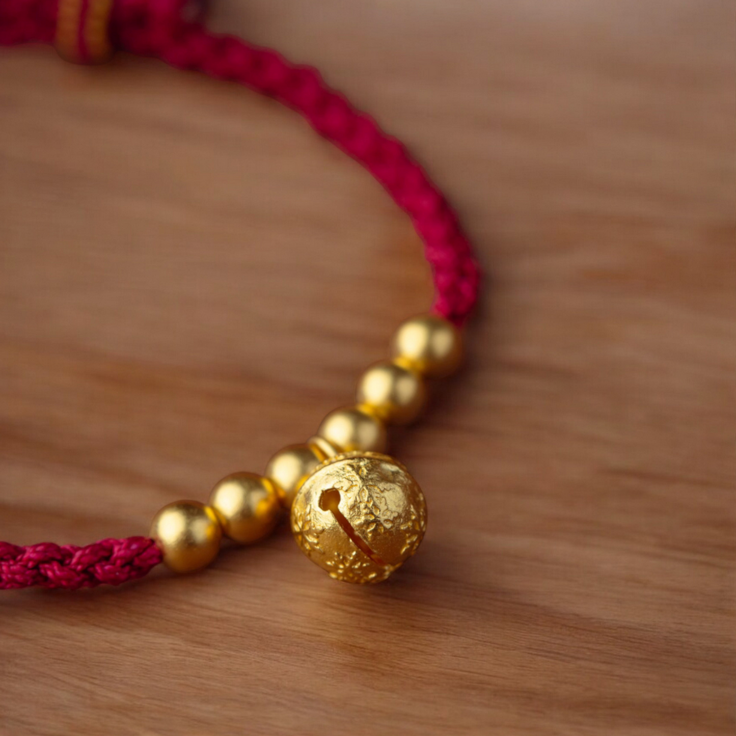 24K Pure 999 Gold Baby Beads and Bell Charm Handmade Rope Bracelet Babyshower Gift