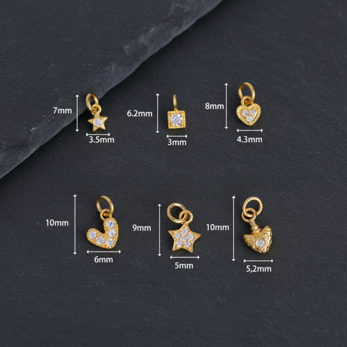 24K 999 Pure Gold Very Mini D.I.Y Moissanite Heart Star Charm Accessories