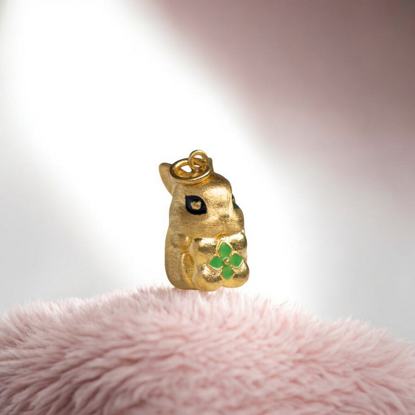 24K 999 Pure Gold Cute Mini Rabbit Bunny with Lucky Clover Babyshower Gift Pendant