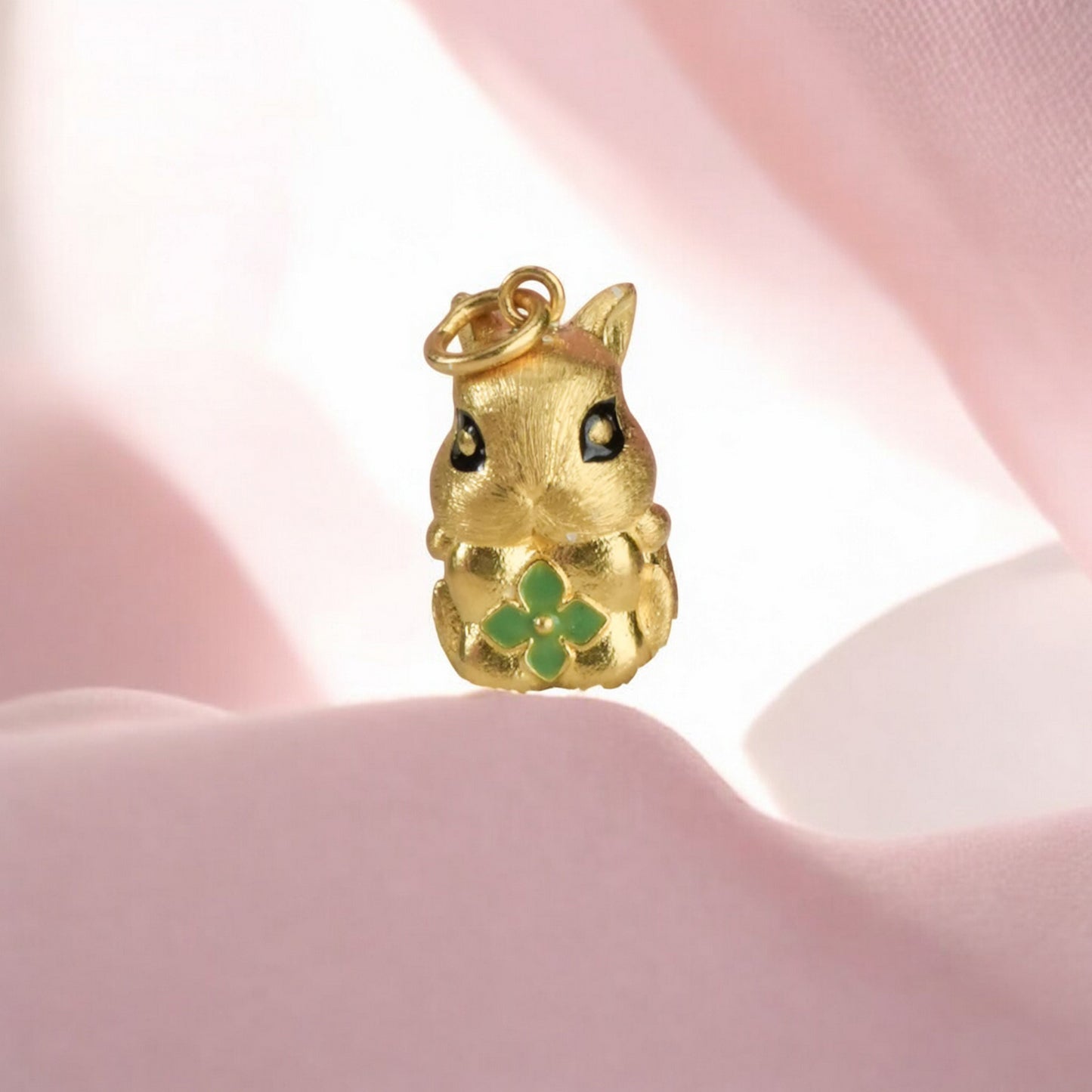 24K 999 Pure Gold Cute Mini Rabbit Bunny with Lucky Clover Babyshower Gift Pendant