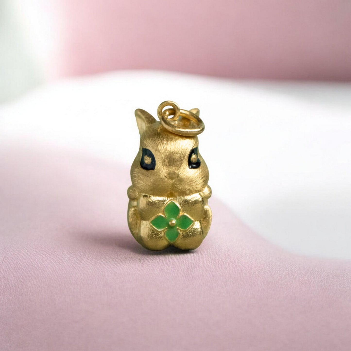 24K 999 Pure Gold Cute Mini Rabbit Bunny with Lucky Clover Babyshower Gift Pendant