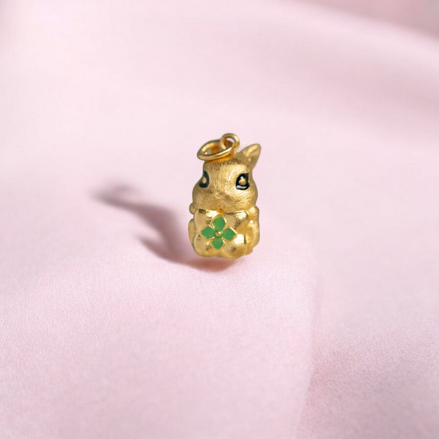 24K 999 Pure Gold Cute Mini Rabbit Bunny with Lucky Clover Babyshower Gift Pendant