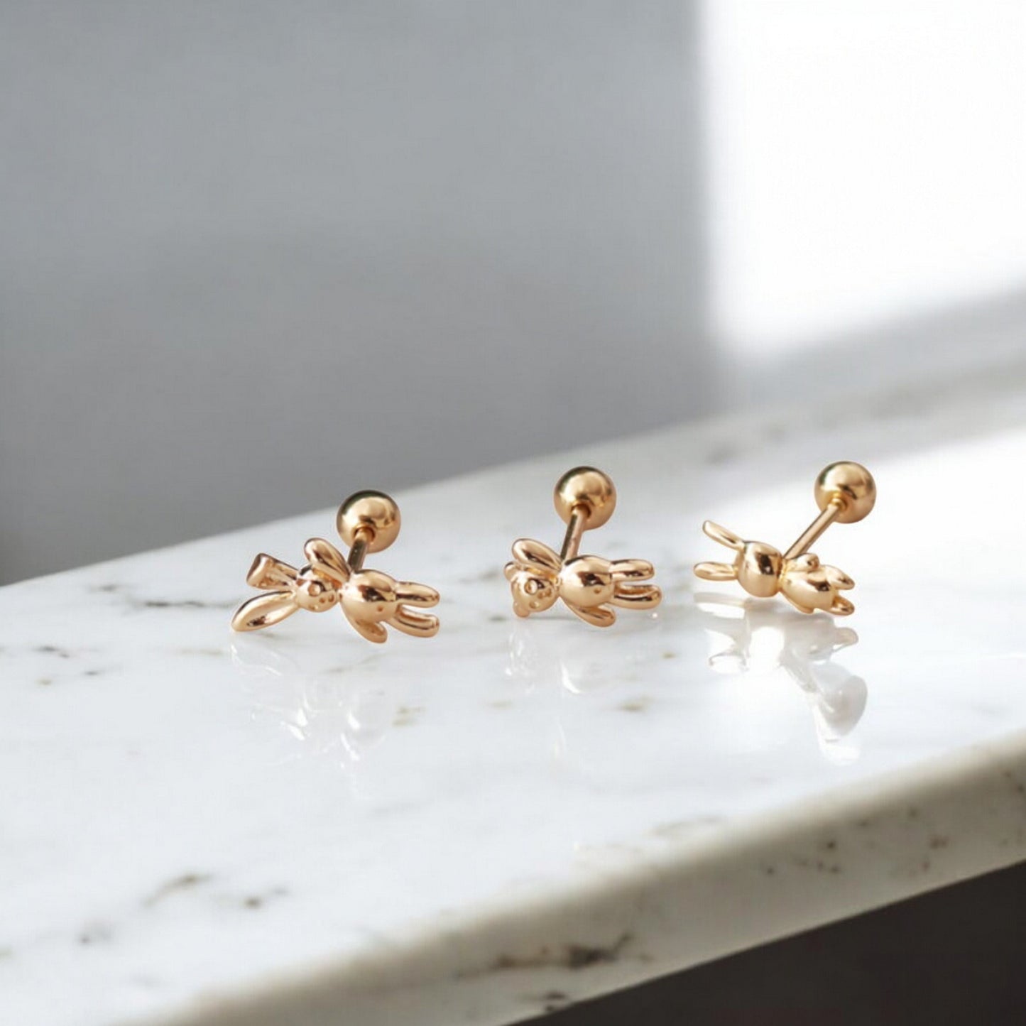 10K Real Gold Bunny and Bear Very Cute Mini Screw Back Earrings