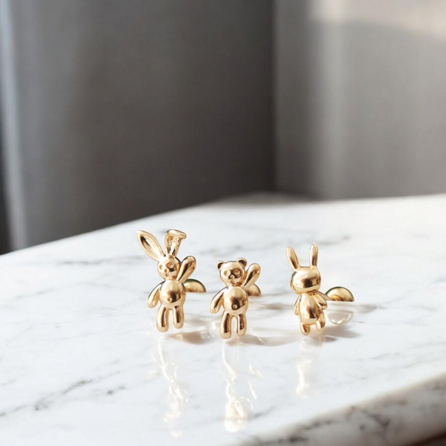 10K Real Gold Bunny and Bear Very Cute Mini Screw Back Earrings
