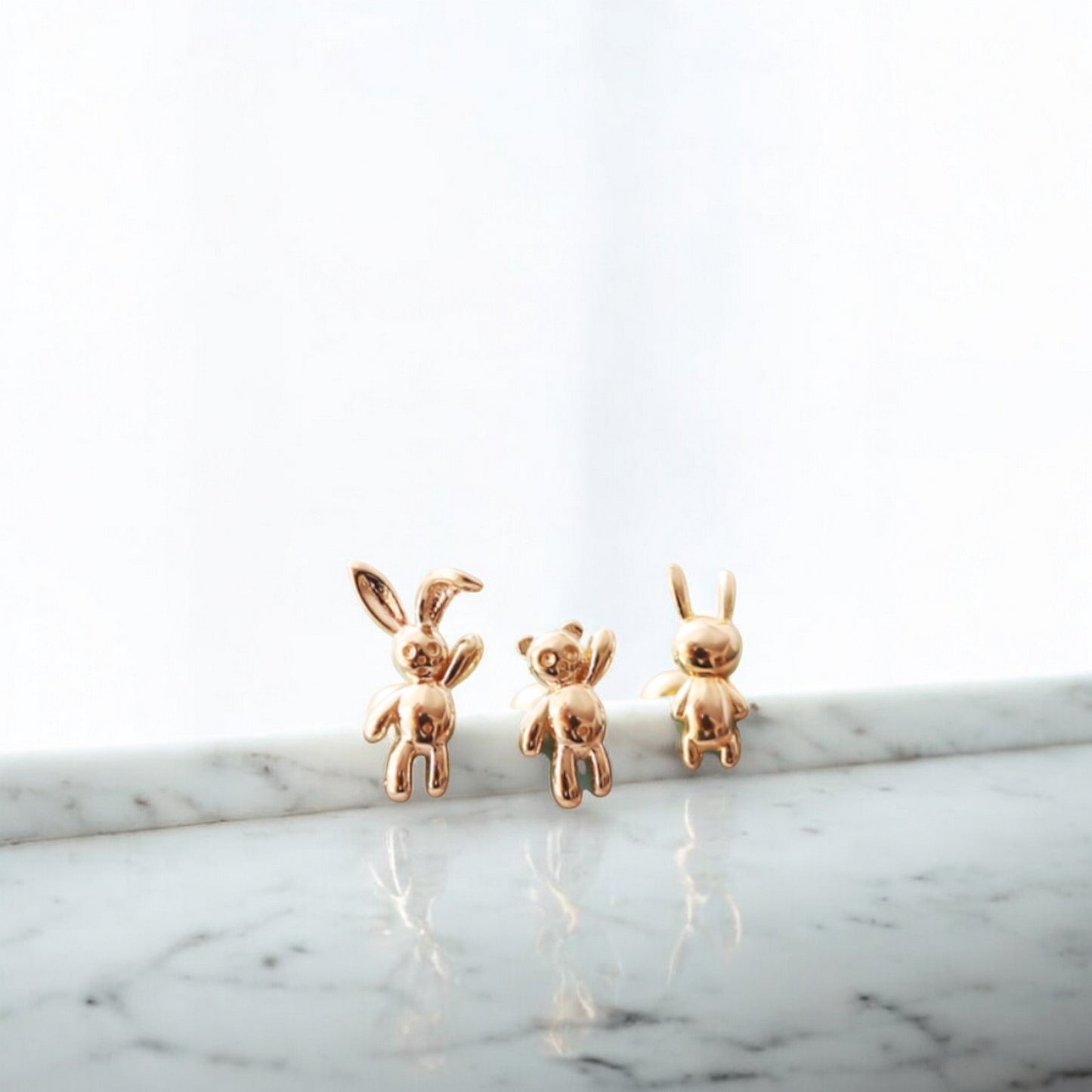 10K Real Gold Bunny and Bear Very Cute Mini Screw Back Earrings