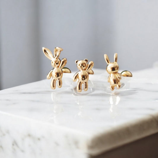 10K Real Gold Bunny and Bear Very Cute Mini Screw Back Earrings