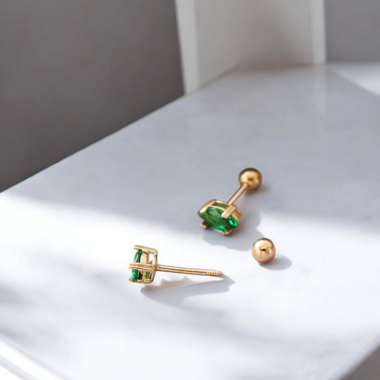 10K Real Gold Minimal Mini Green Cartilage Screw Back Earrings