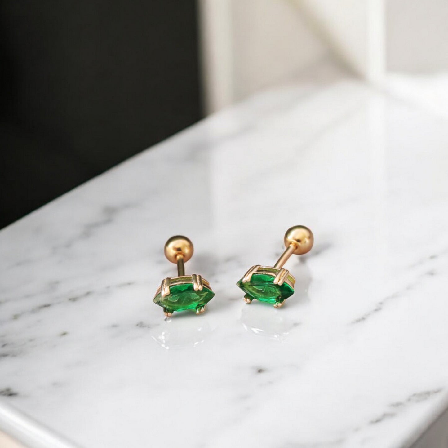 10K Real Gold Minimal Mini Green Cartilage Screw Back Earrings