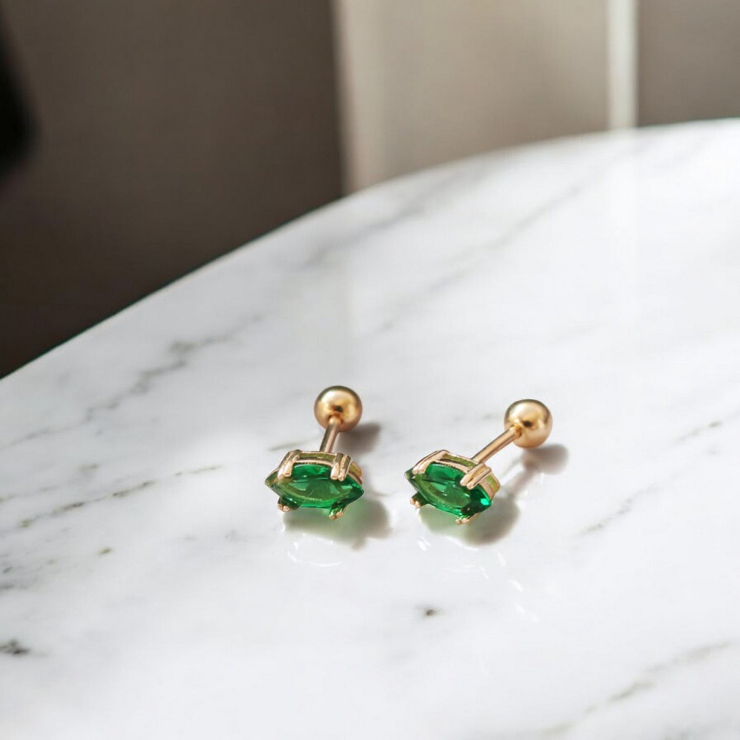 10K Real Gold Minimal Mini Green Cartilage Screw Back Earrings