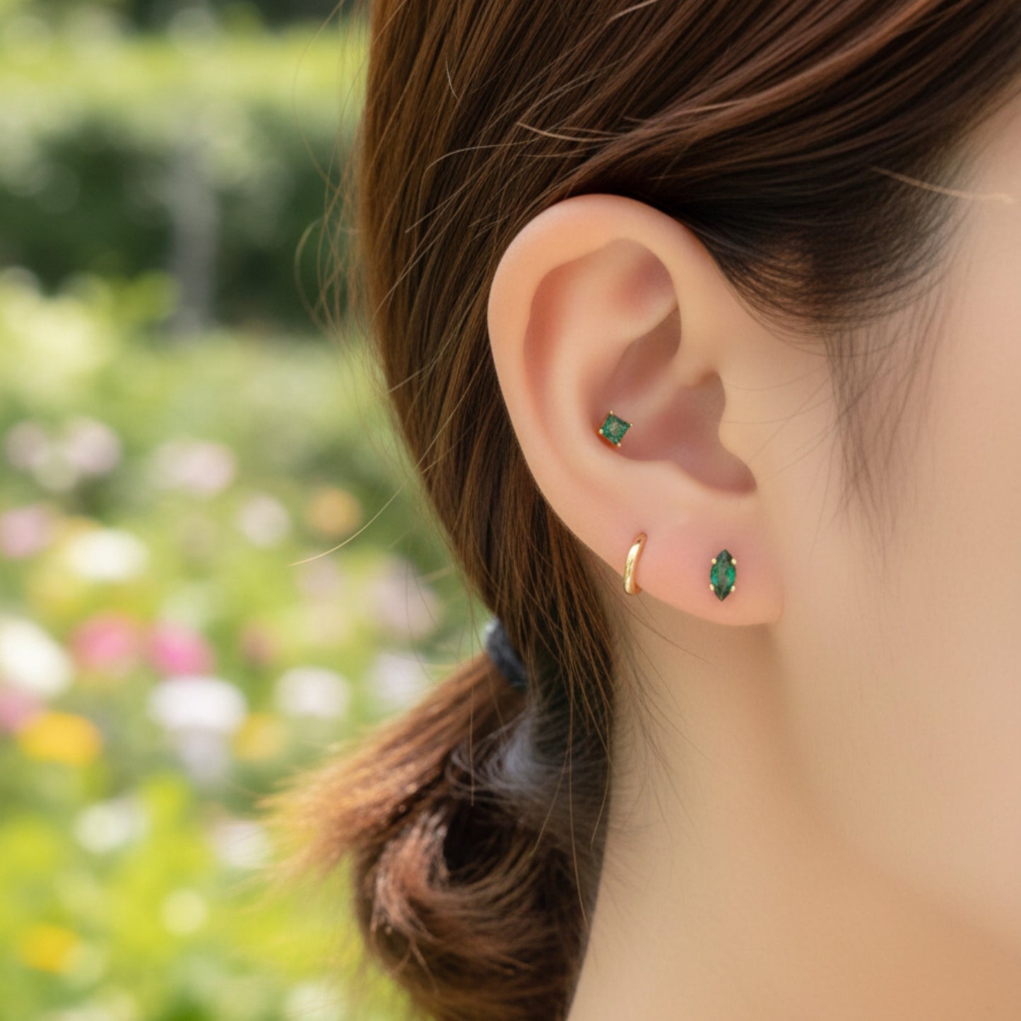 10K Real Gold Minimal Mini Green Cartilage Screw Back Earrings