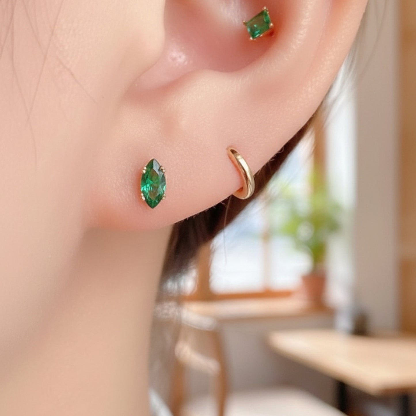 10K Real Gold Minimal Mini Green Cartilage Screw Back Earrings