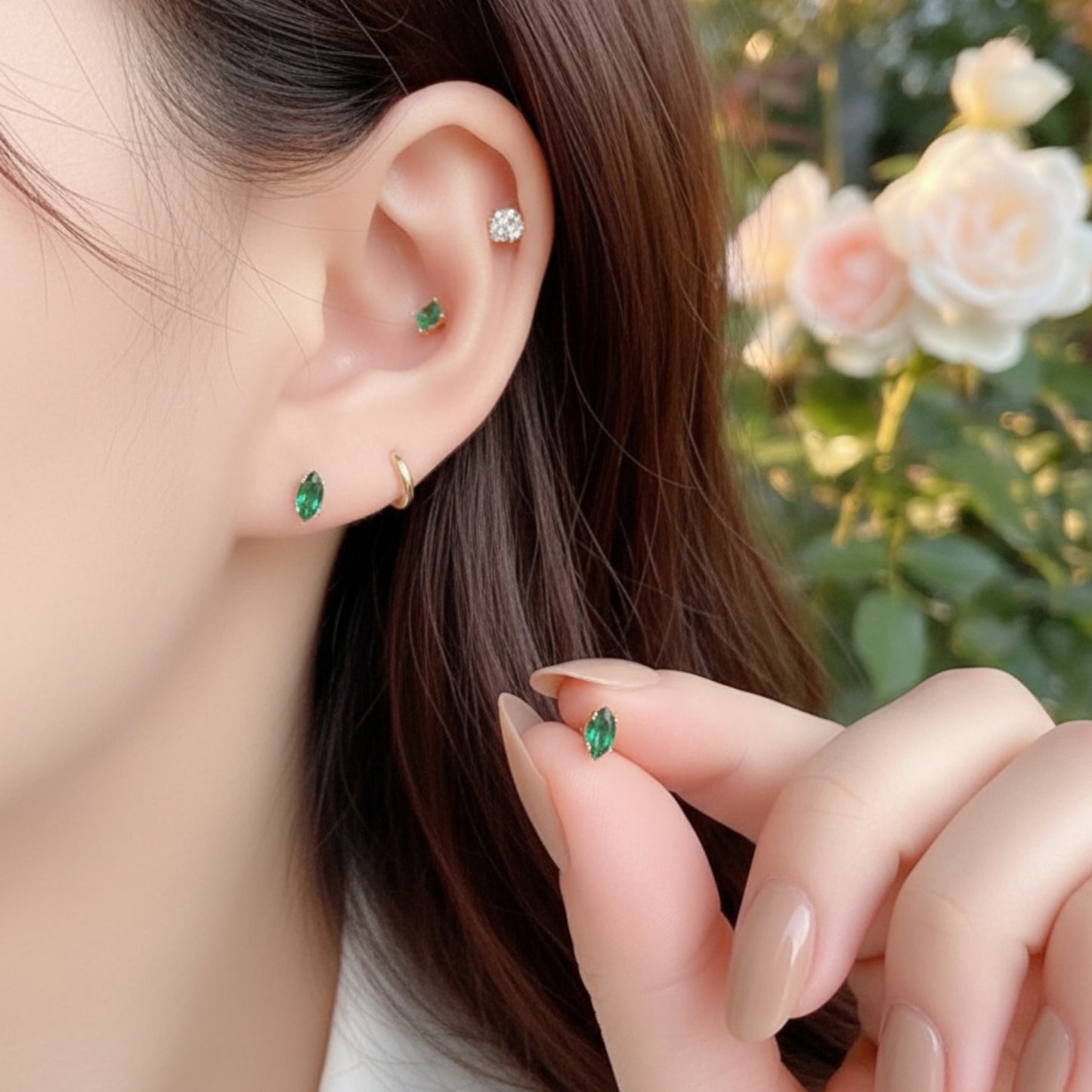 10K Real Gold Minimal Mini Green Cartilage Screw Back Earrings