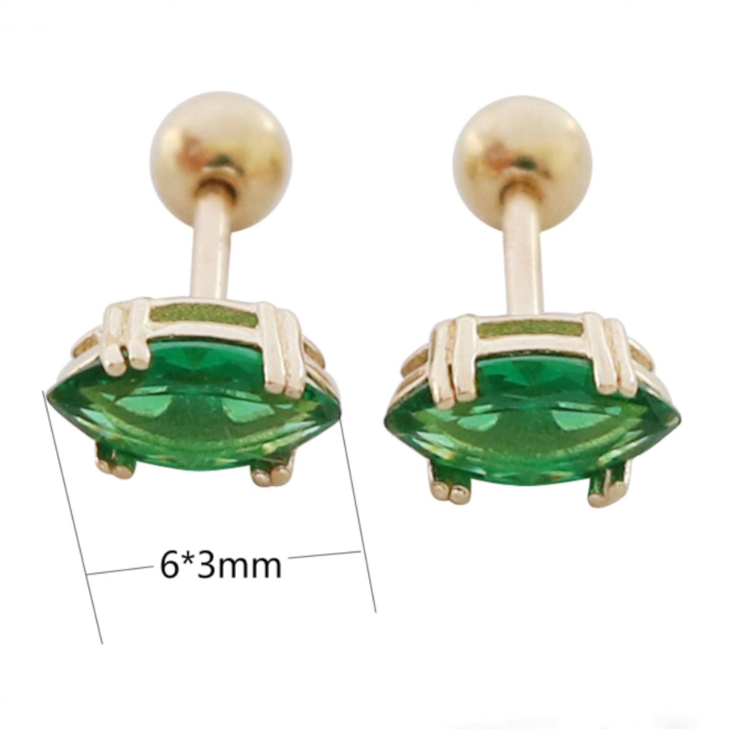 10K Real Gold Minimal Mini Green Cartilage Screw Back Earrings