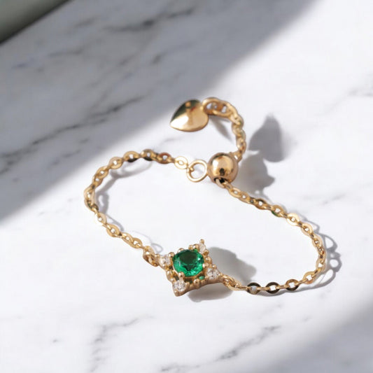 14K Real Gold Luxury Green Square Emerald Pull Chain Adjustable Ring