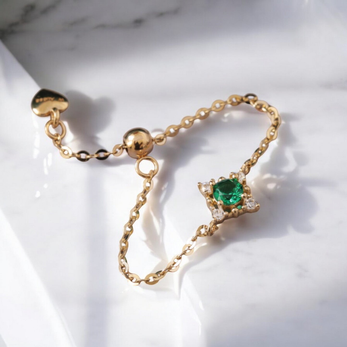 14K Real Gold Luxury Green Square Emerald Pull Chain Adjustable Ring