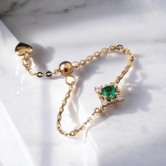 14K Real Gold Luxury Green Square Emerald Pull Chain Adjustable Ring