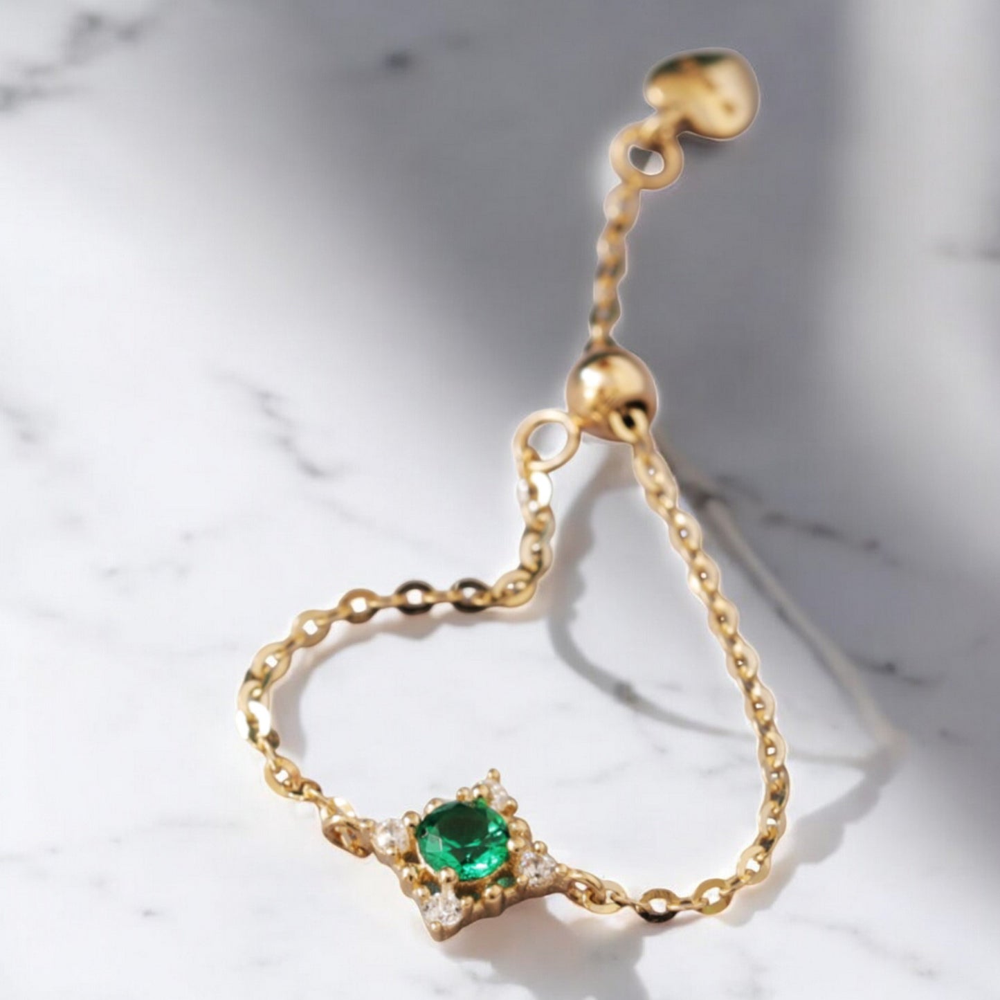 14K Real Gold Luxury Green Square Emerald Pull Chain Adjustable Ring