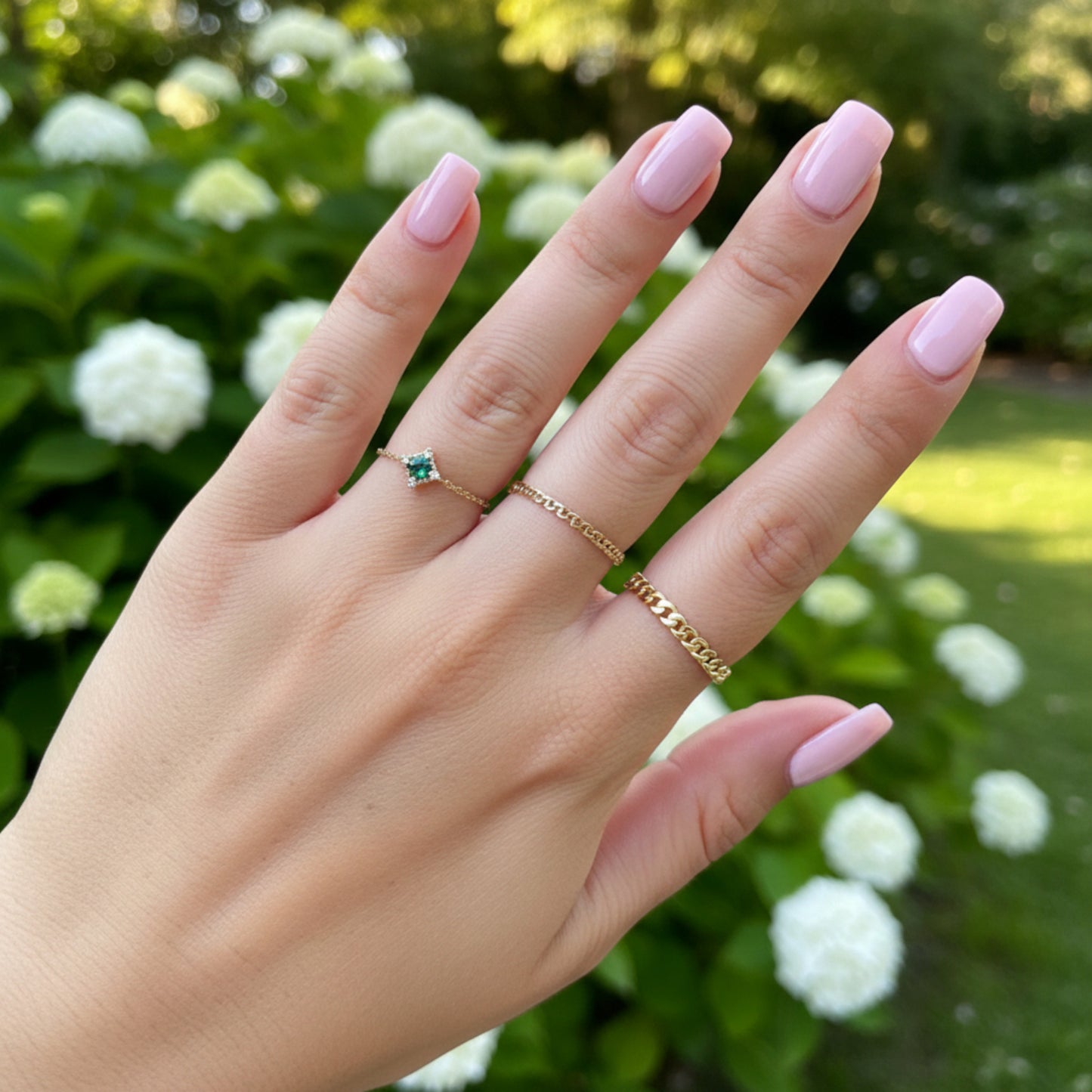 14K Real Gold Luxury Green Square Emerald Pull Chain Adjustable Ring