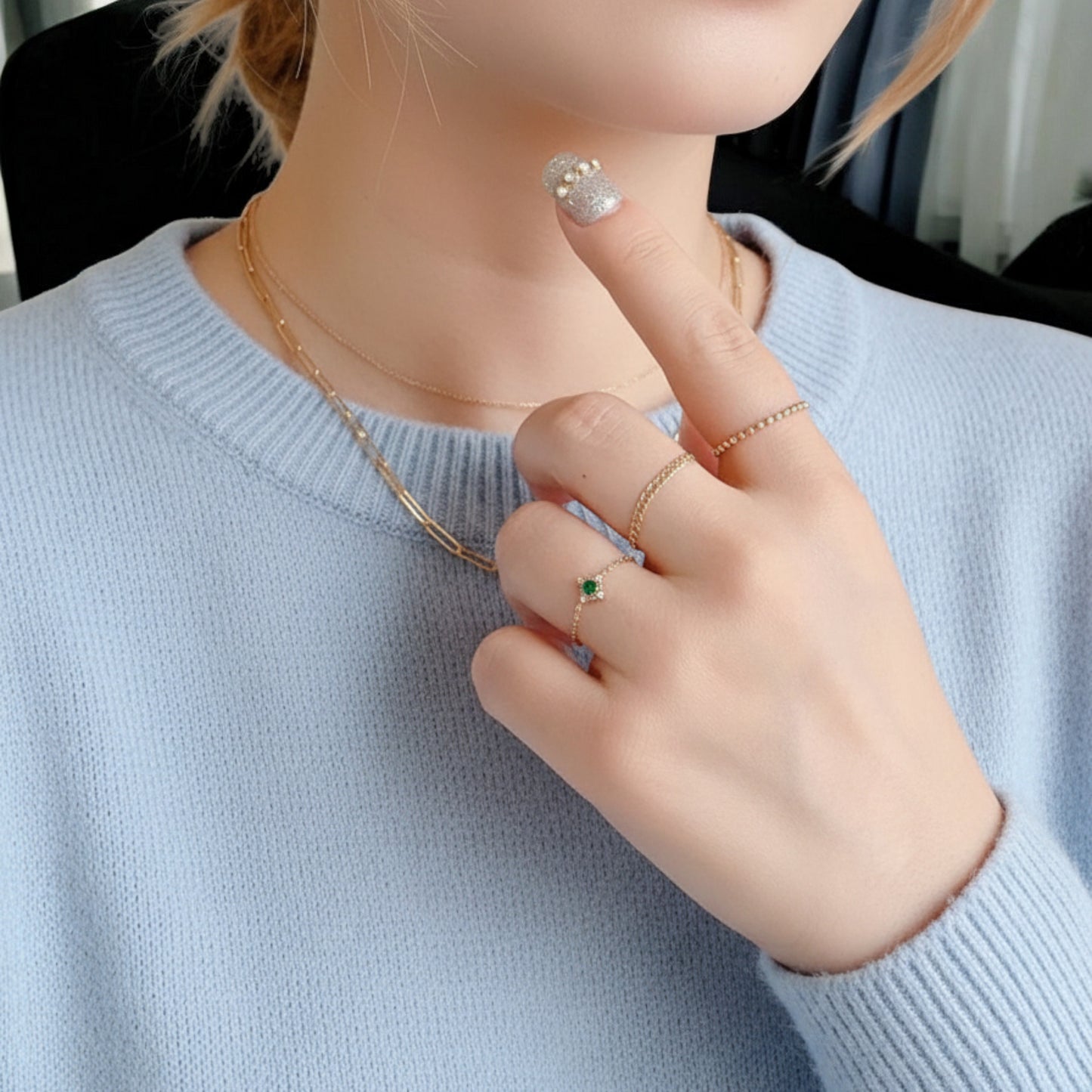 14K Real Gold Luxury Green Square Emerald Pull Chain Adjustable Ring