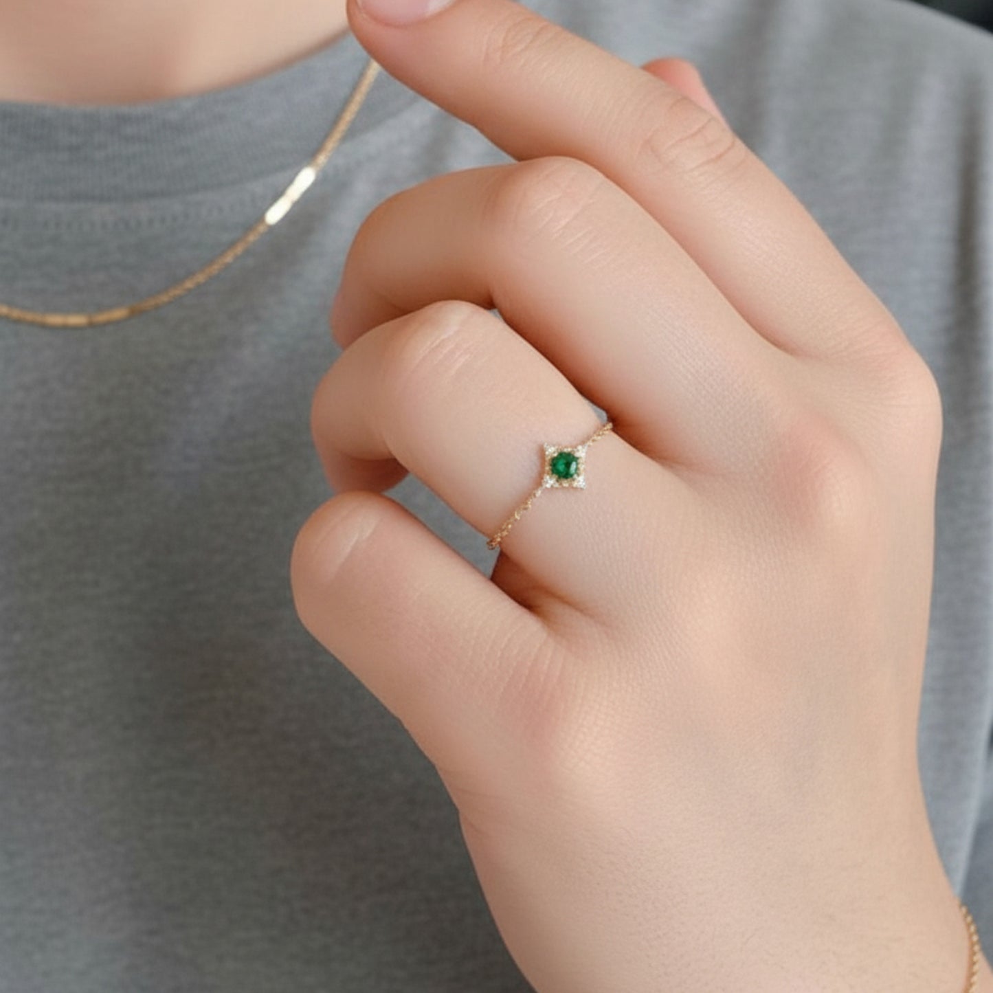 14K Real Gold Luxury Green Square Emerald Pull Chain Adjustable Ring