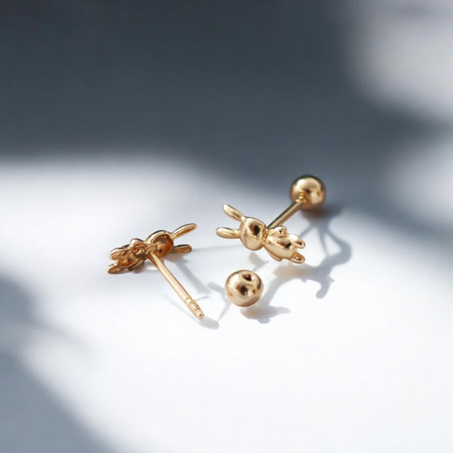 14K Real Gold Bunny and Bear Very Cute Mini Screw Back Earrings