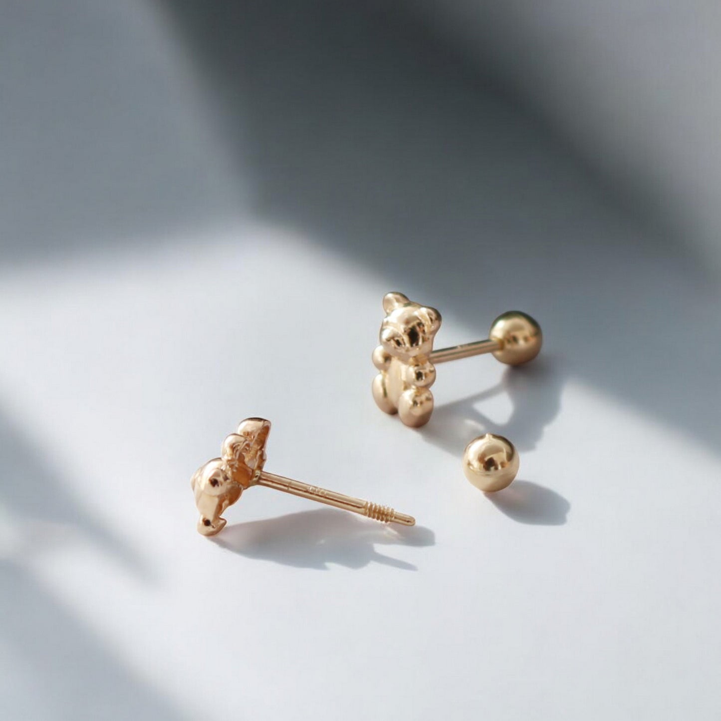 14K Real Gold Bunny and Bear Very Cute Mini Screw Back Earrings