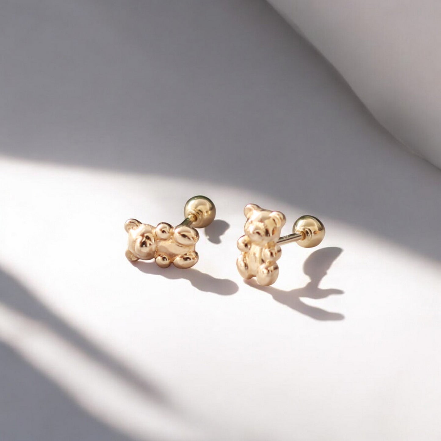 14K Real Gold Bunny and Bear Very Cute Mini Screw Back Earrings