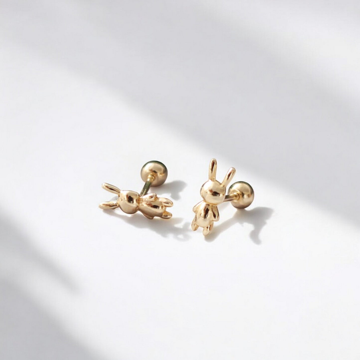 14K Real Gold Bunny and Bear Very Cute Mini Screw Back Earrings