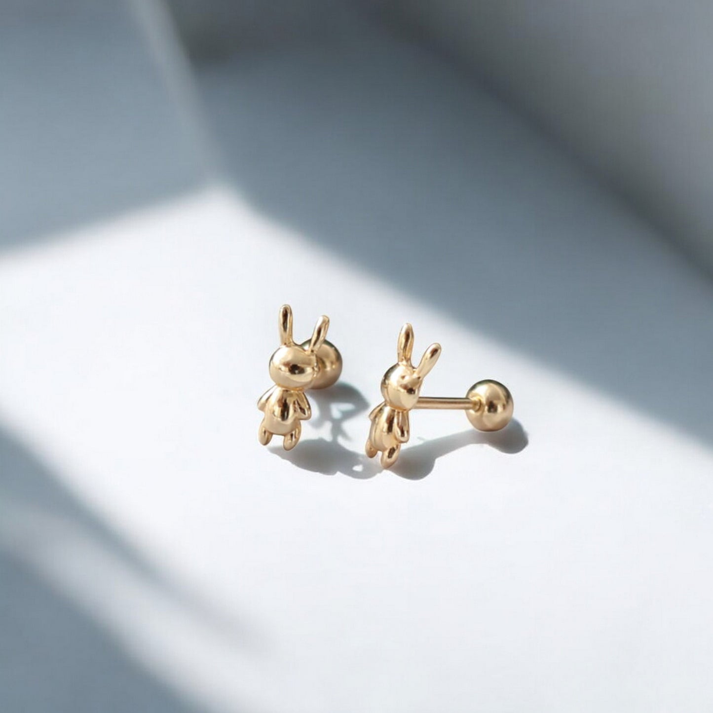 14K Real Gold Bunny and Bear Very Cute Mini Screw Back Earrings