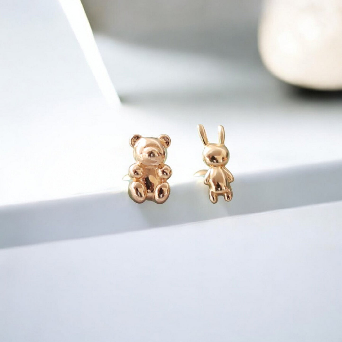 14K Real Gold Bunny and Bear Very Cute Mini Screw Back Earrings