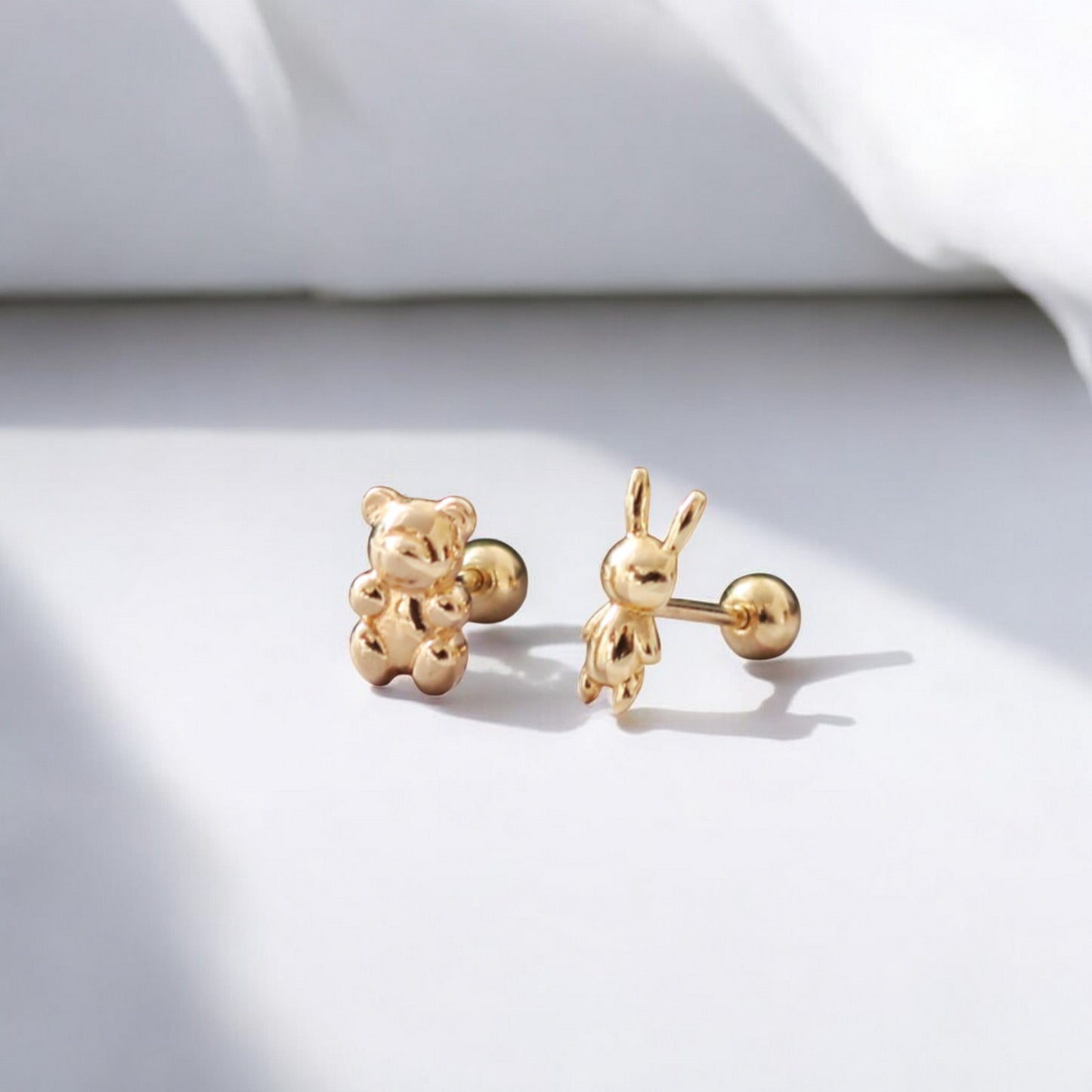 14K Real Gold Bunny and Bear Very Cute Mini Screw Back Earrings