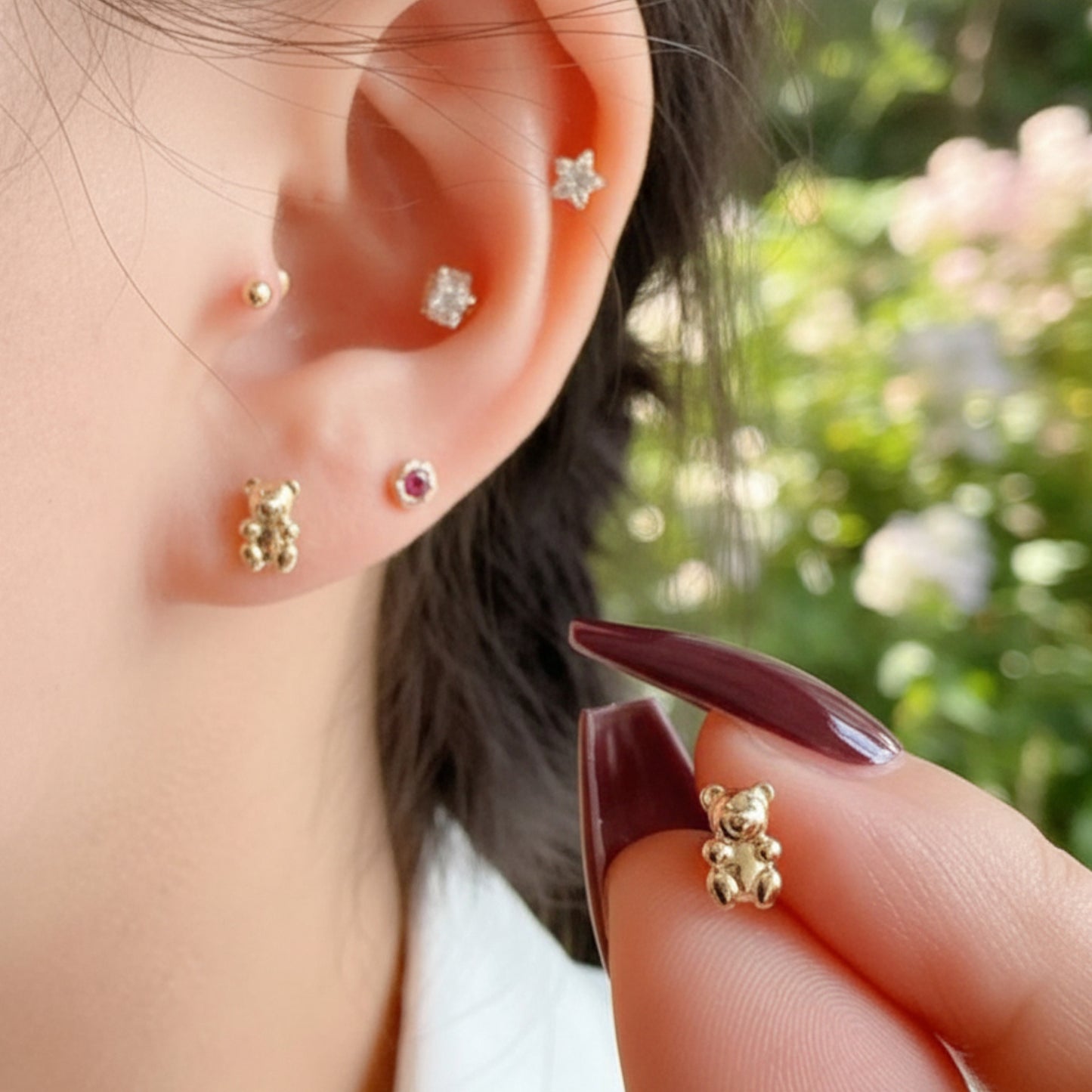 14K Real Gold Bunny and Bear Very Cute Mini Screw Back Earrings