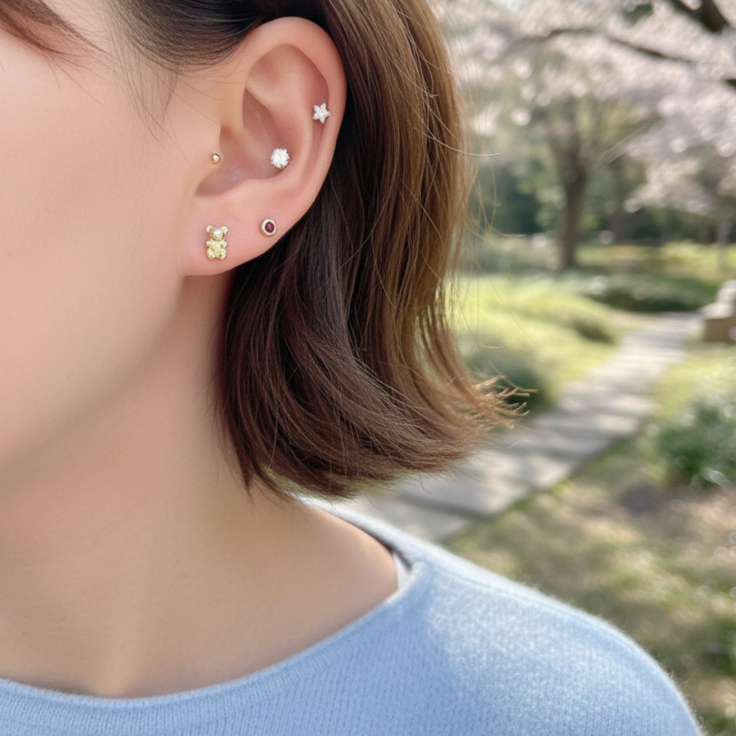 14K Real Gold Bunny and Bear Very Cute Mini Screw Back Earrings