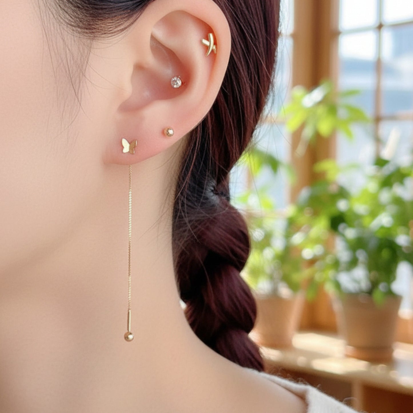 14K Real Gold Butterfly Stud Screw Back And Threader Earrings