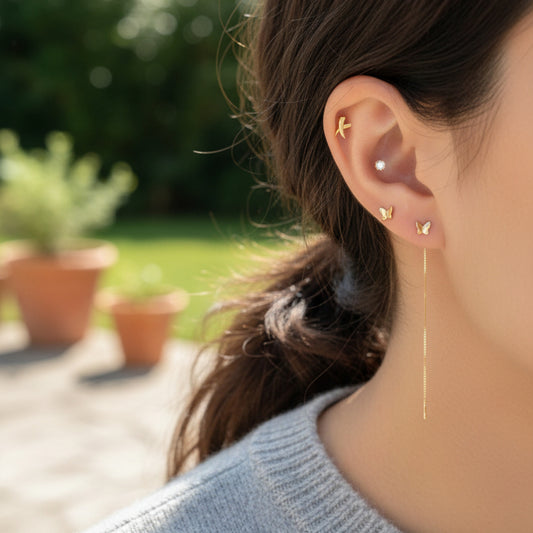 14K Real Gold Butterfly Stud Screw Back And Threader Earrings