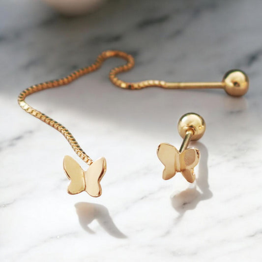 14K Real Gold Butterfly Stud Screw Back And Threader Earrings