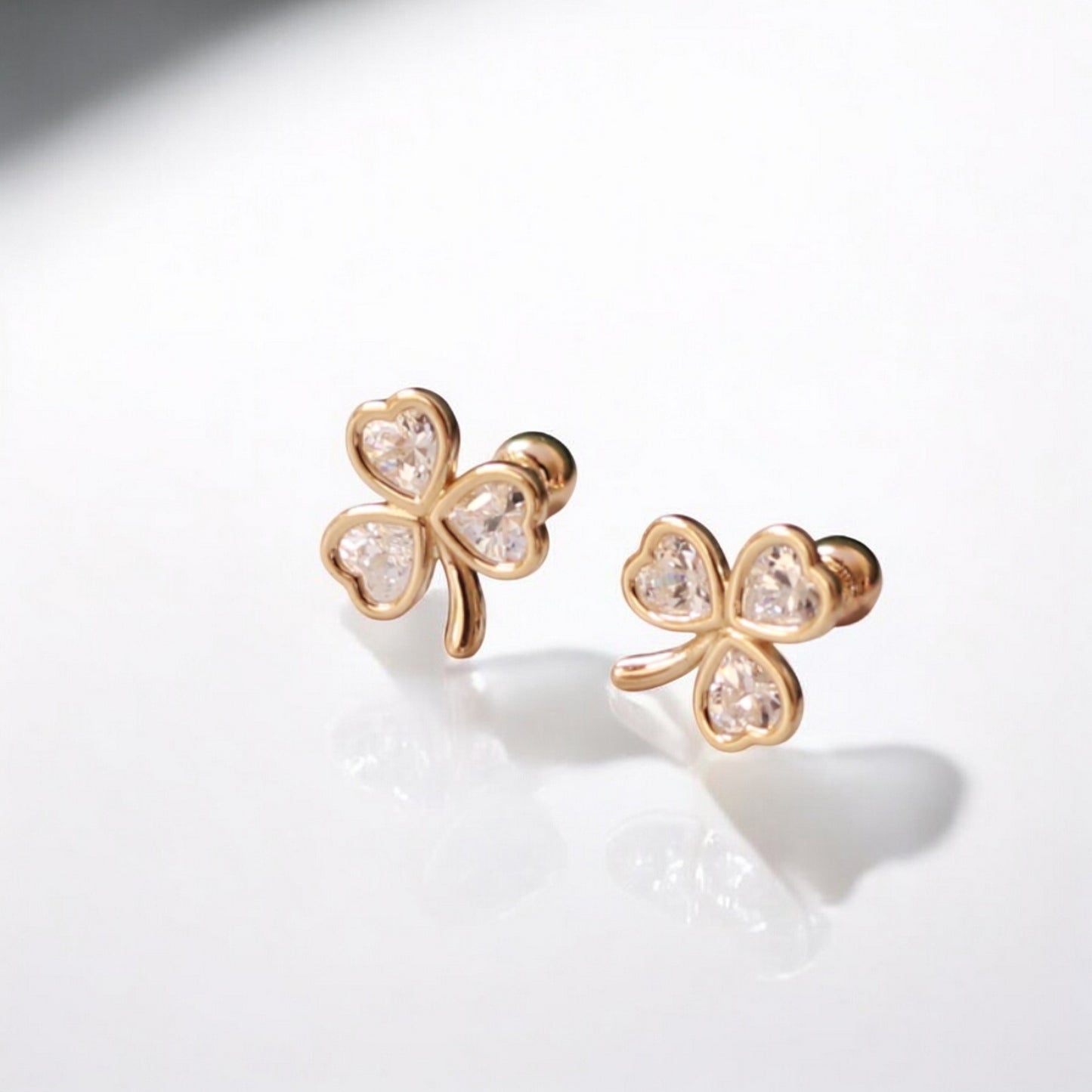 10K Real Gold Minimal Lucky Clover Leaf Screw On Earrings