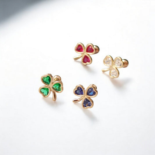 10K Real Gold Minimal Lucky Clover Leaf Screw On Earrings