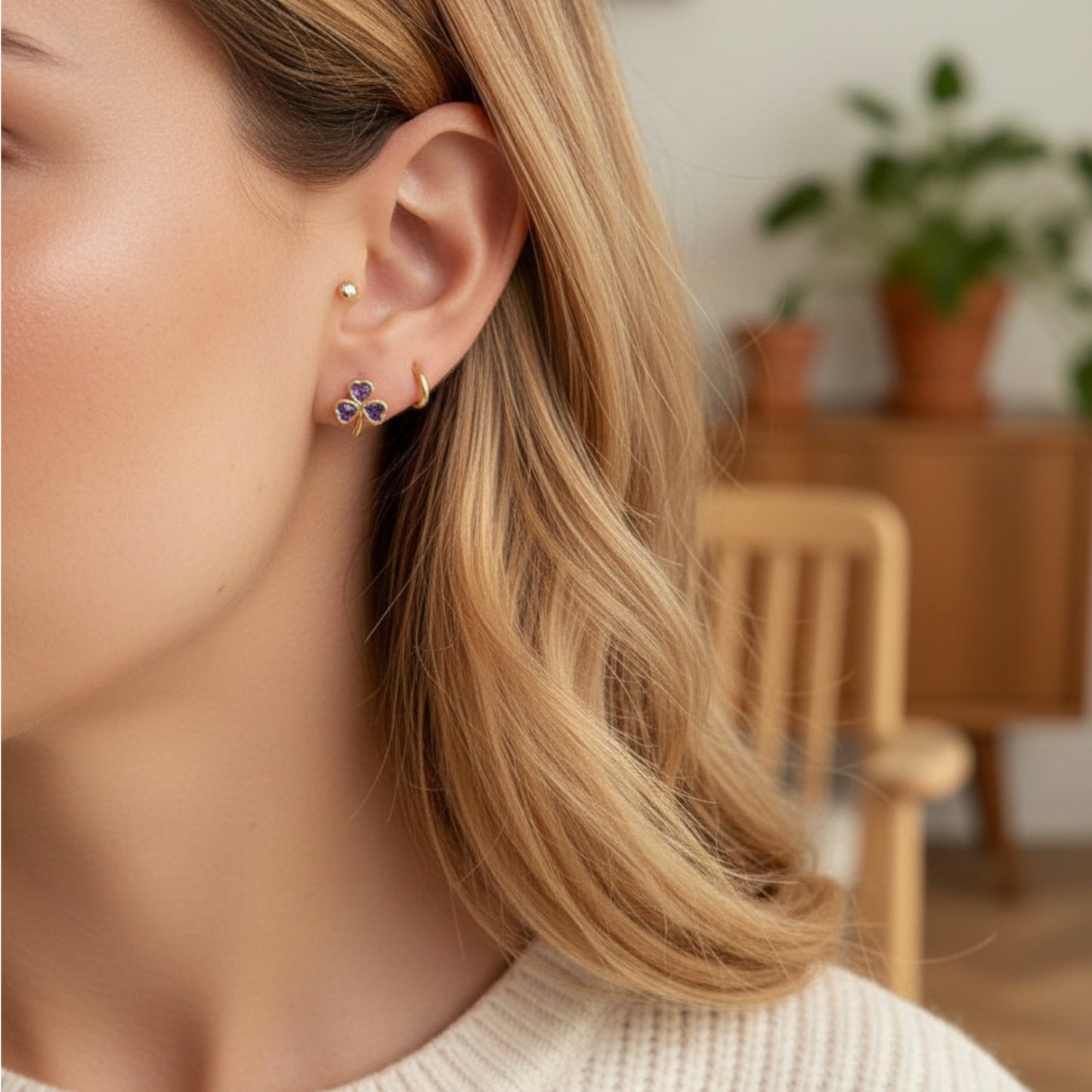 10K Real Gold Minimal Lucky Clover Leaf Screw On Earrings