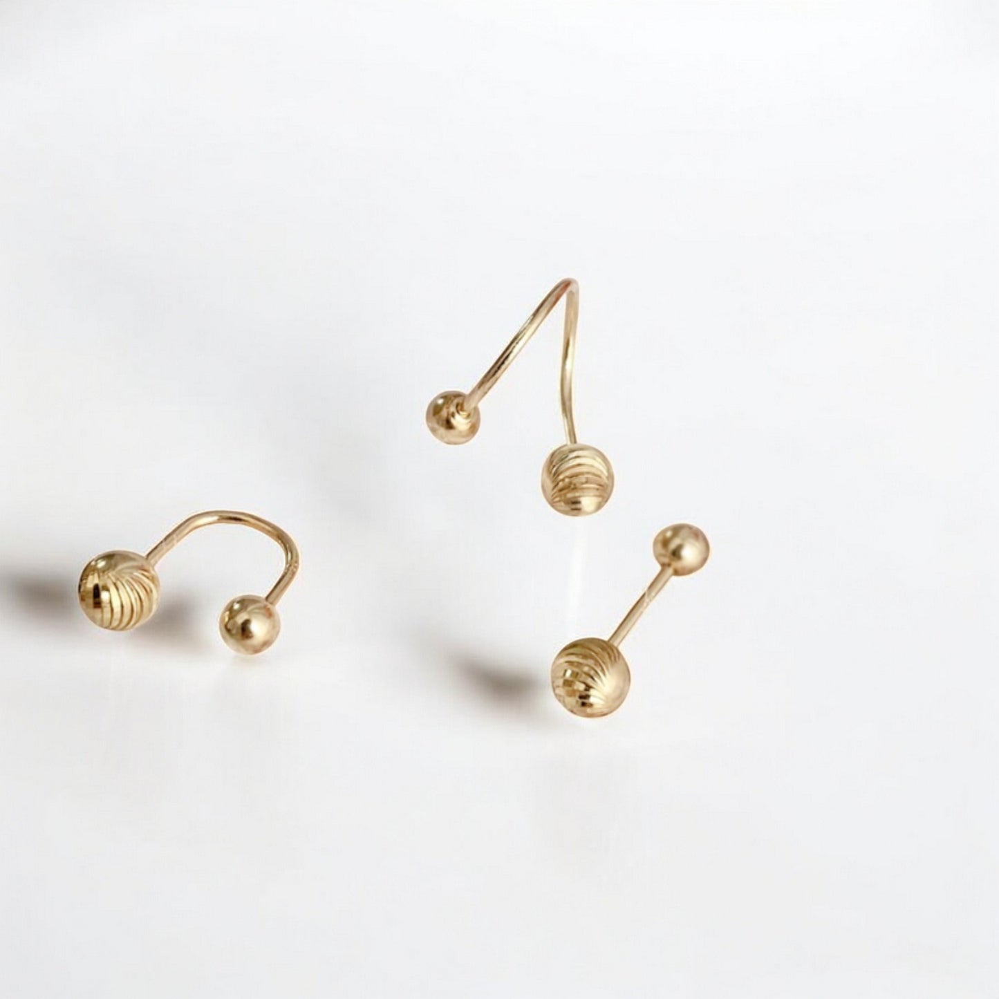 14K Real Gold Minimal Barbell Hoop Style Engraved Spiral Pattern Screw Back Earrings
