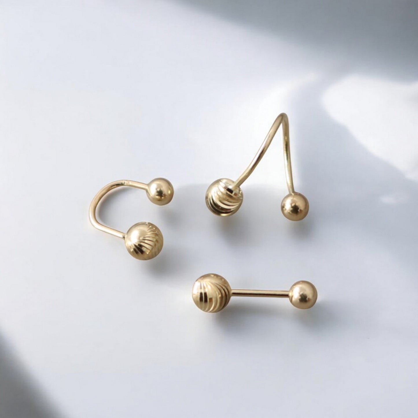 14K Real Gold Minimal Barbell Hoop Style Engraved Spiral Pattern Screw Back Earrings