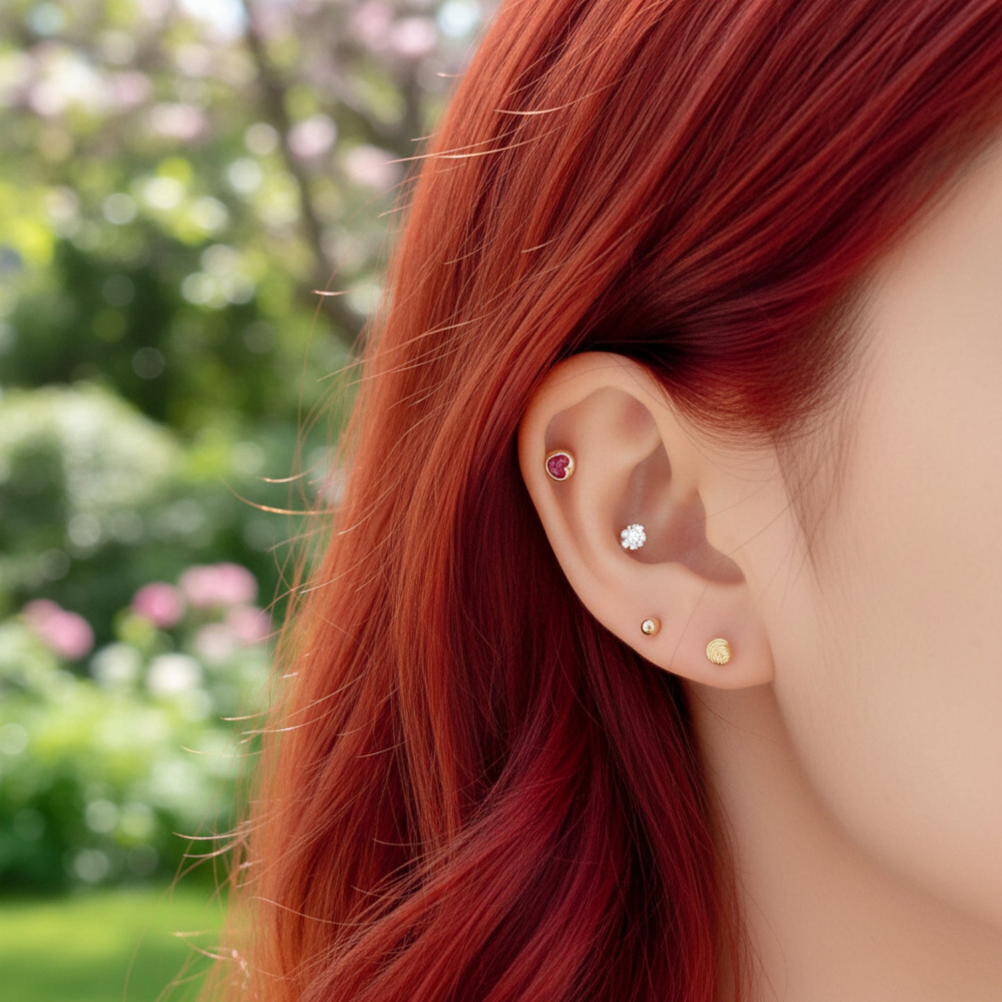 14K Real Gold Minimal Barbell Hoop Style Engraved Spiral Pattern Screw Back Earrings